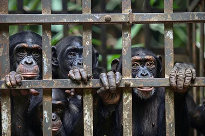 Group of Chimpanzees Behind Metal Cage Bars