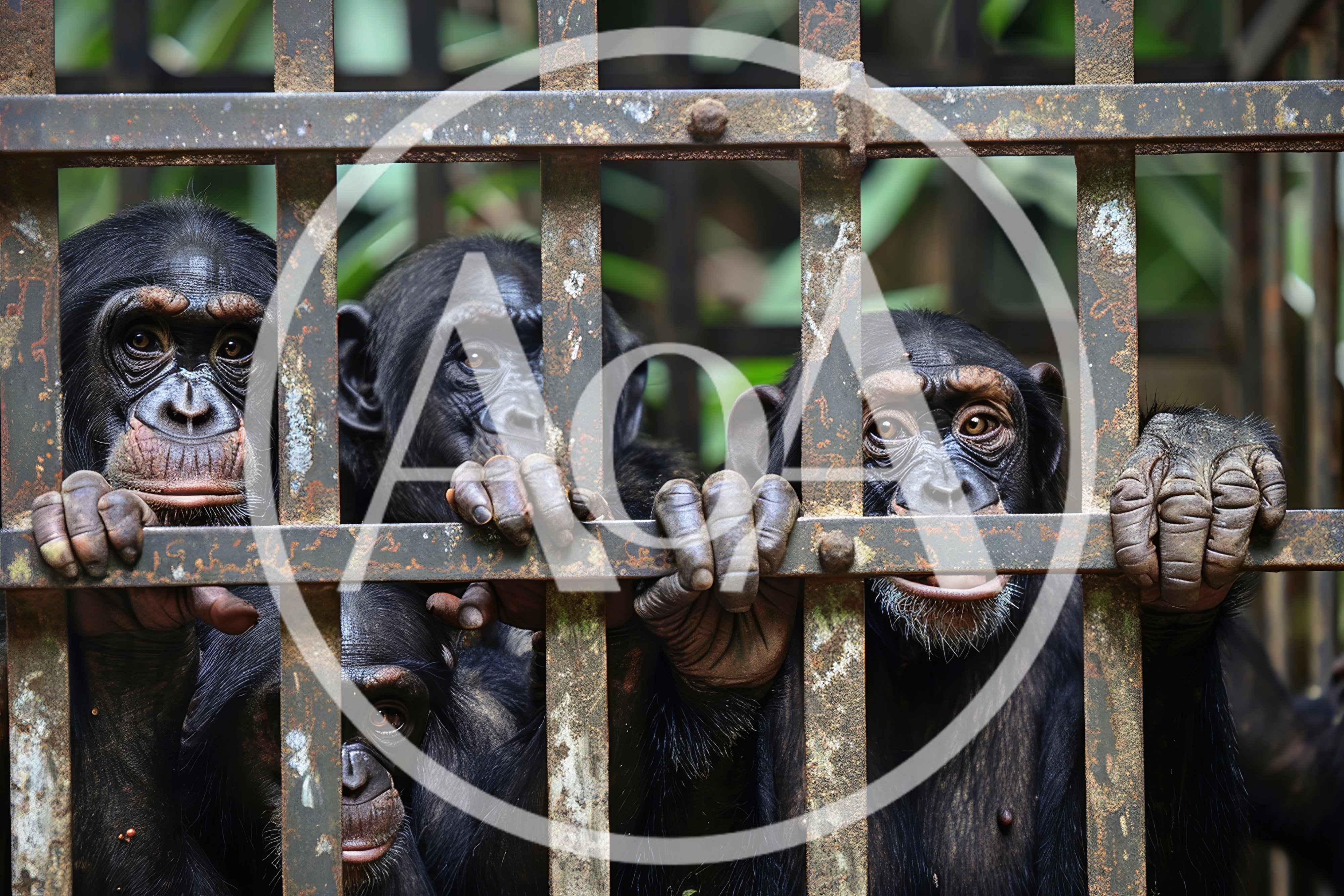 Group of Chimpanzees Behind Metal Cage Bars
