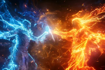 Two Elemental Beings Clashing In A Magical Duel
