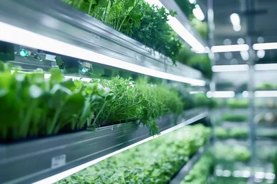 Vertical Farming Shelves With Growing Fresh Green Herbs