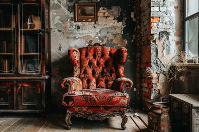 Vintage Red Tufted Armchair in Dilapidated Industrial Room