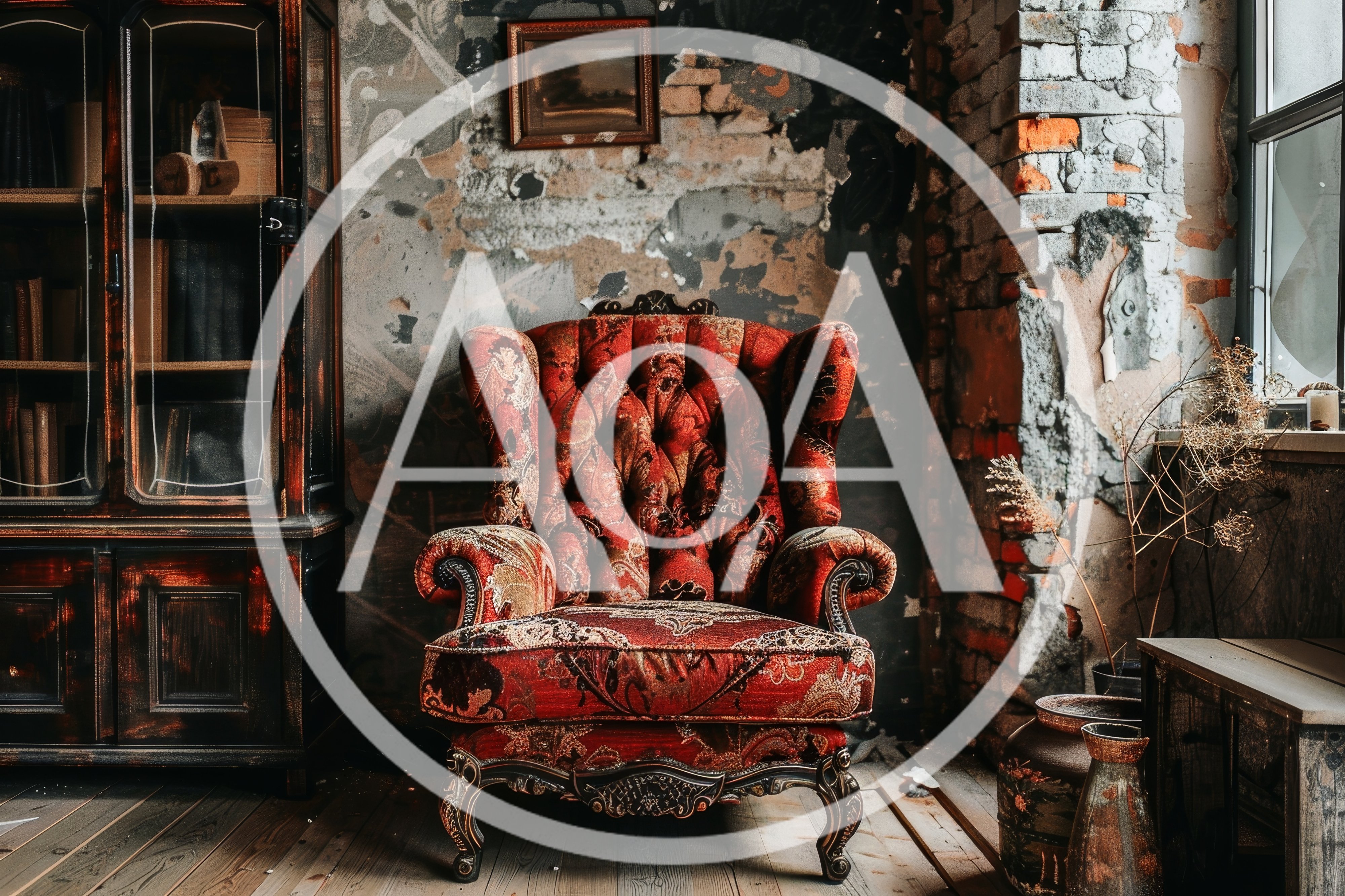 Vintage Red Tufted Armchair in Dilapidated Industrial Room