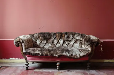 Vintage Fur Covered Sofa Against Red Wall