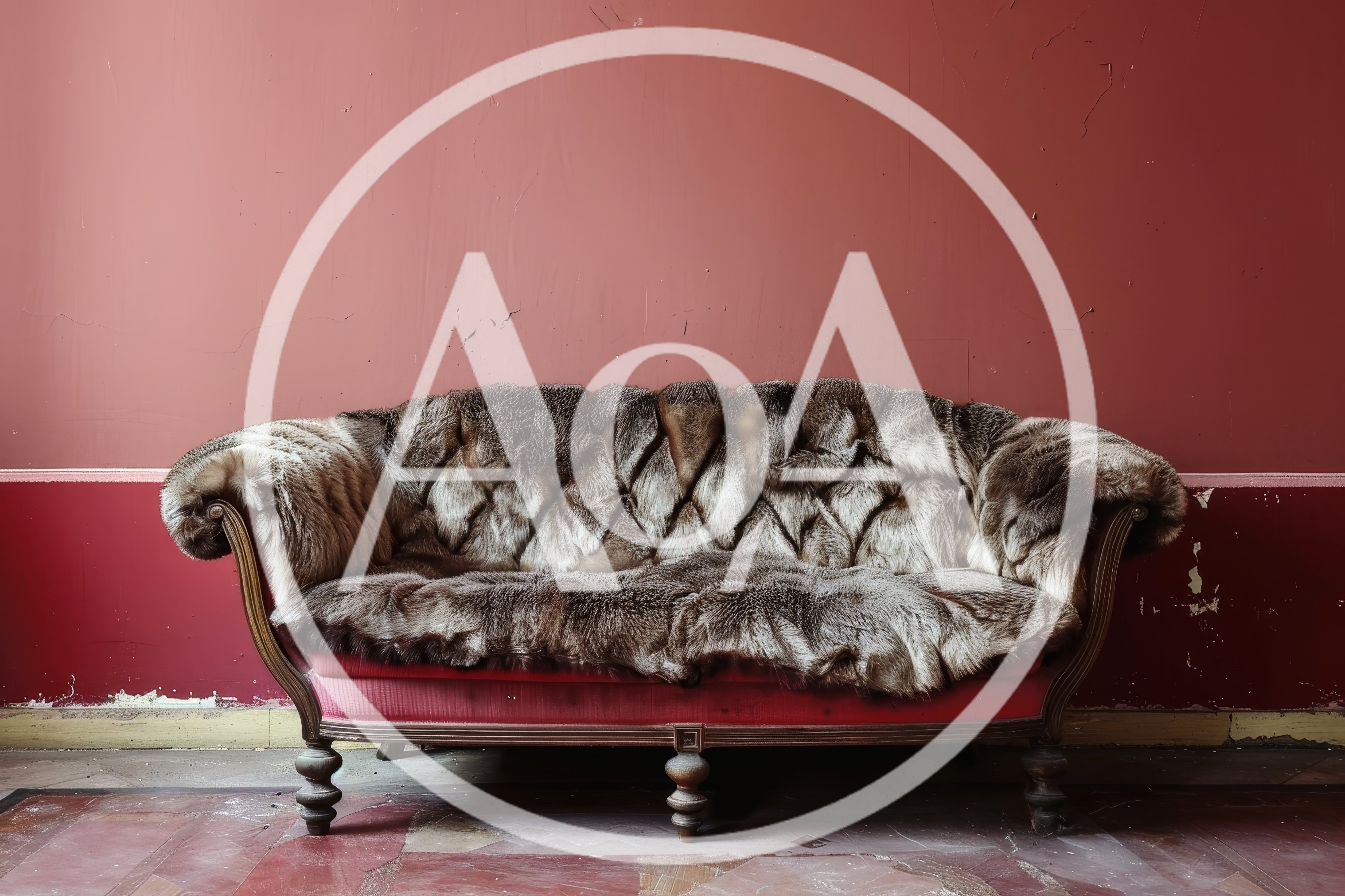 Vintage Fur Covered Sofa Against Red Wall