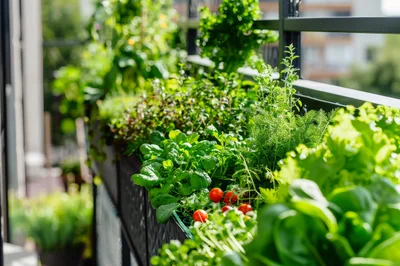 Urban Balcony Vegetable Garden With Fresh Herbs And Tomatoes