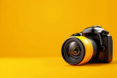Professional DSLR Camera With Yellow Lens On Yellow Background