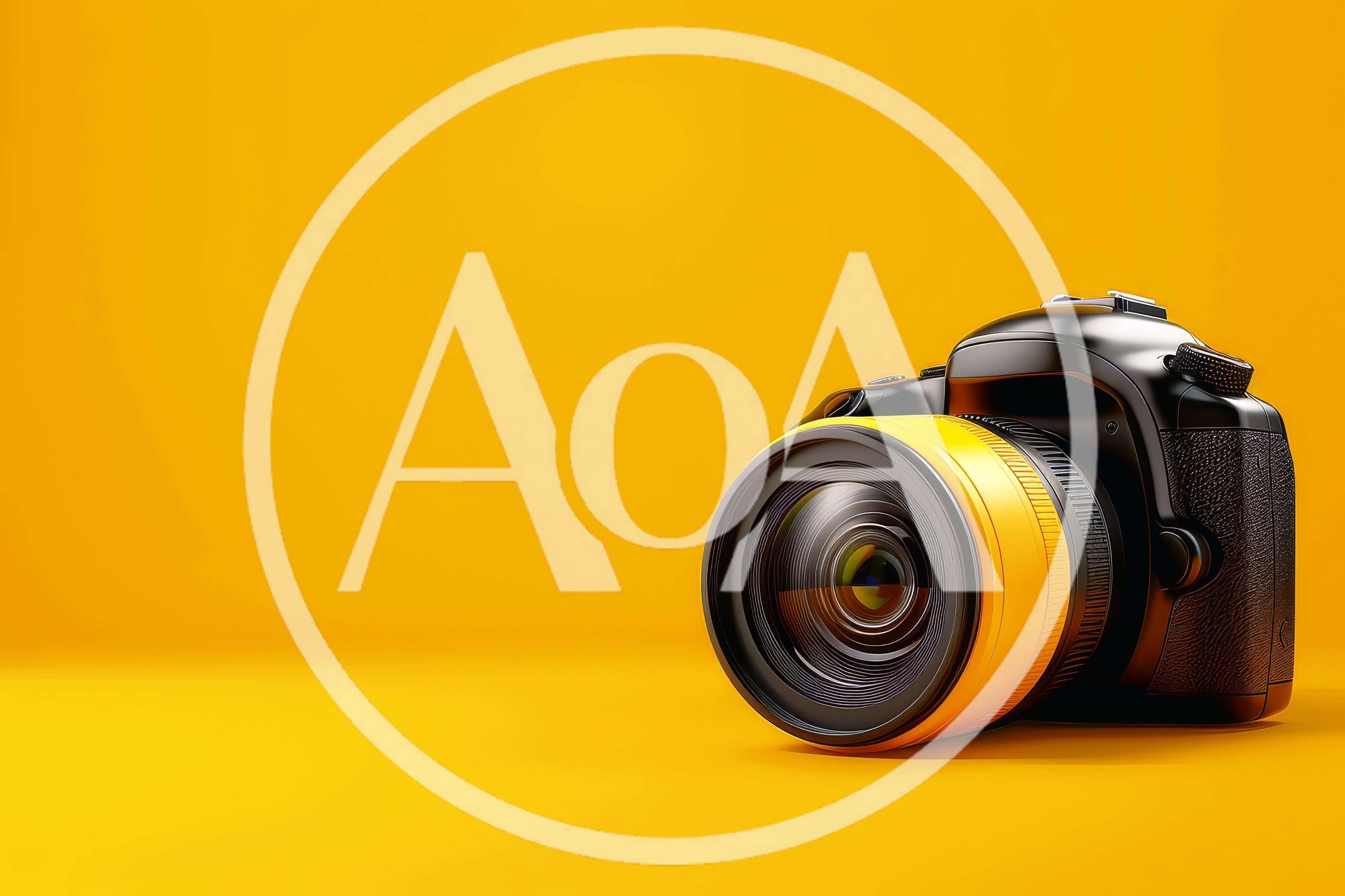 Professional DSLR Camera With Yellow Lens On Yellow Background