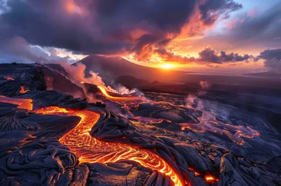 Molten Lava Flowing Down Volcanic Landscape at Sunset