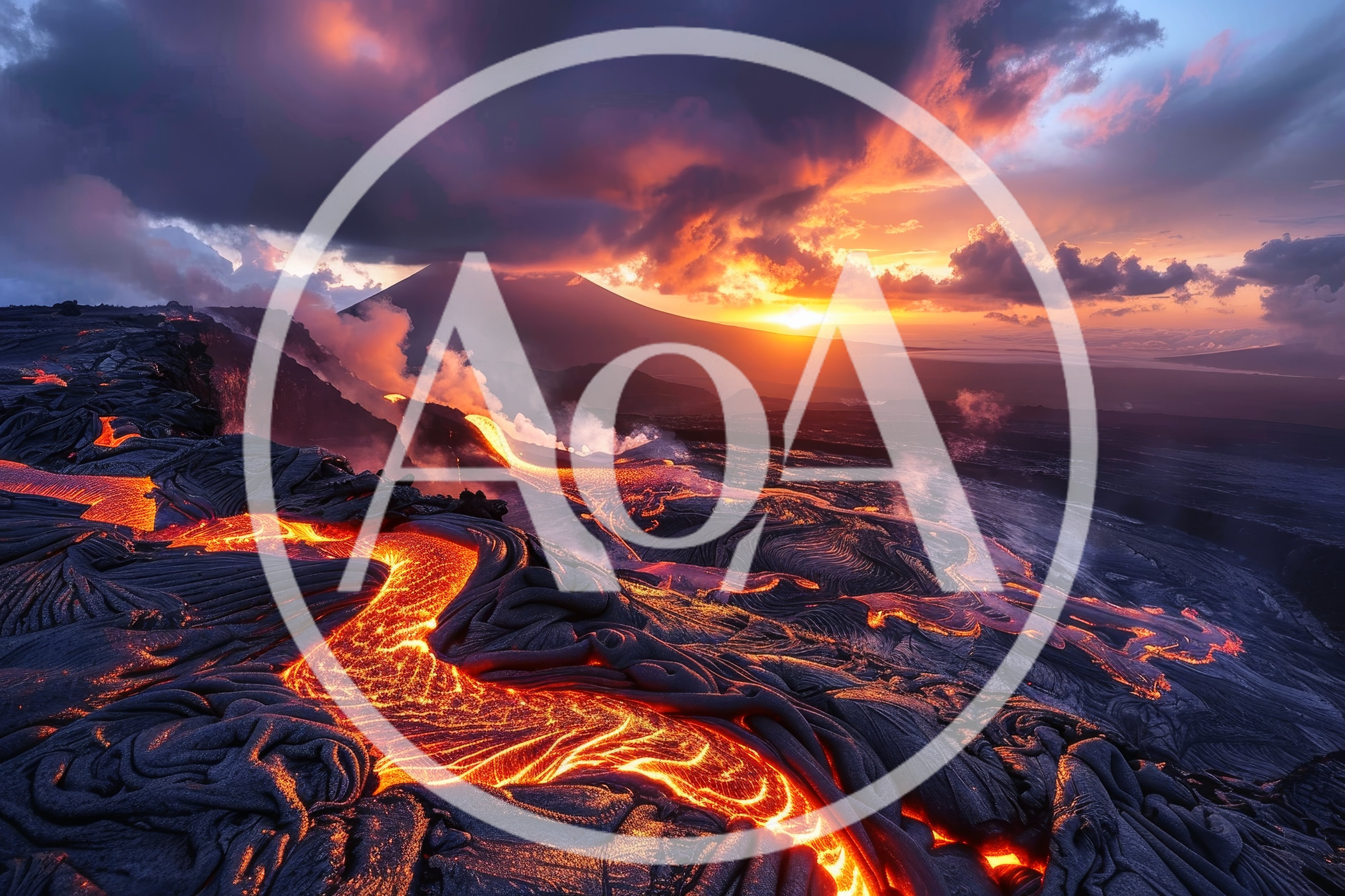 Molten Lava Flowing Down Volcanic Landscape at Sunset