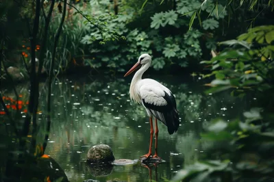 White Stork Standing On A Rock In A Pond