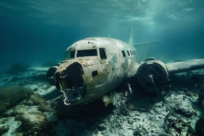 Sunken Airplane Wreckage Resting On The Ocean Floor