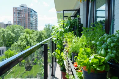 Urban Balcony Garden With Potted Herbs And Vegetables