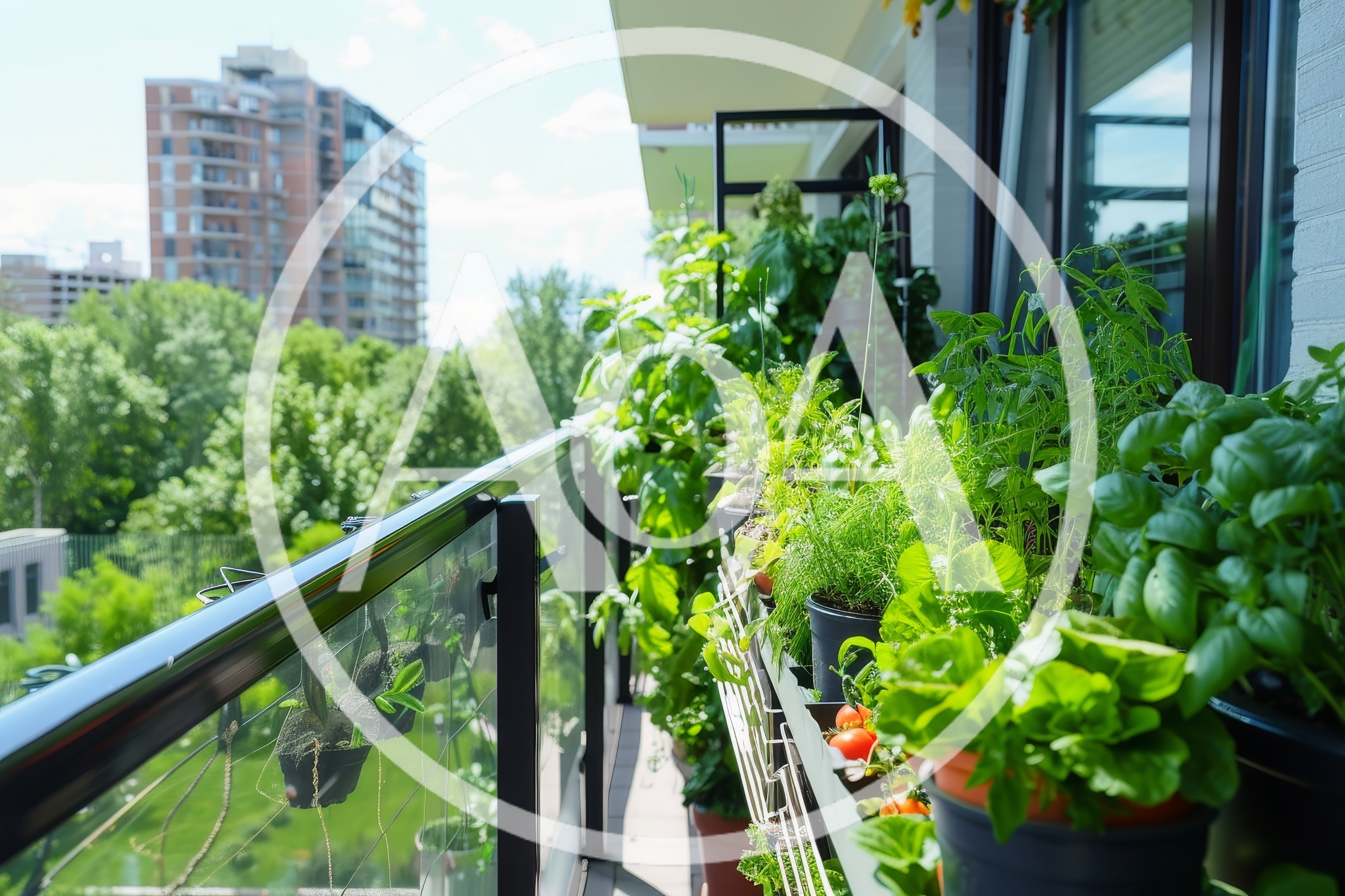 Urban Balcony Garden With Potted Herbs And Vegetables