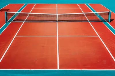 Empty Tennis Court With Red Surface And Blue Borders