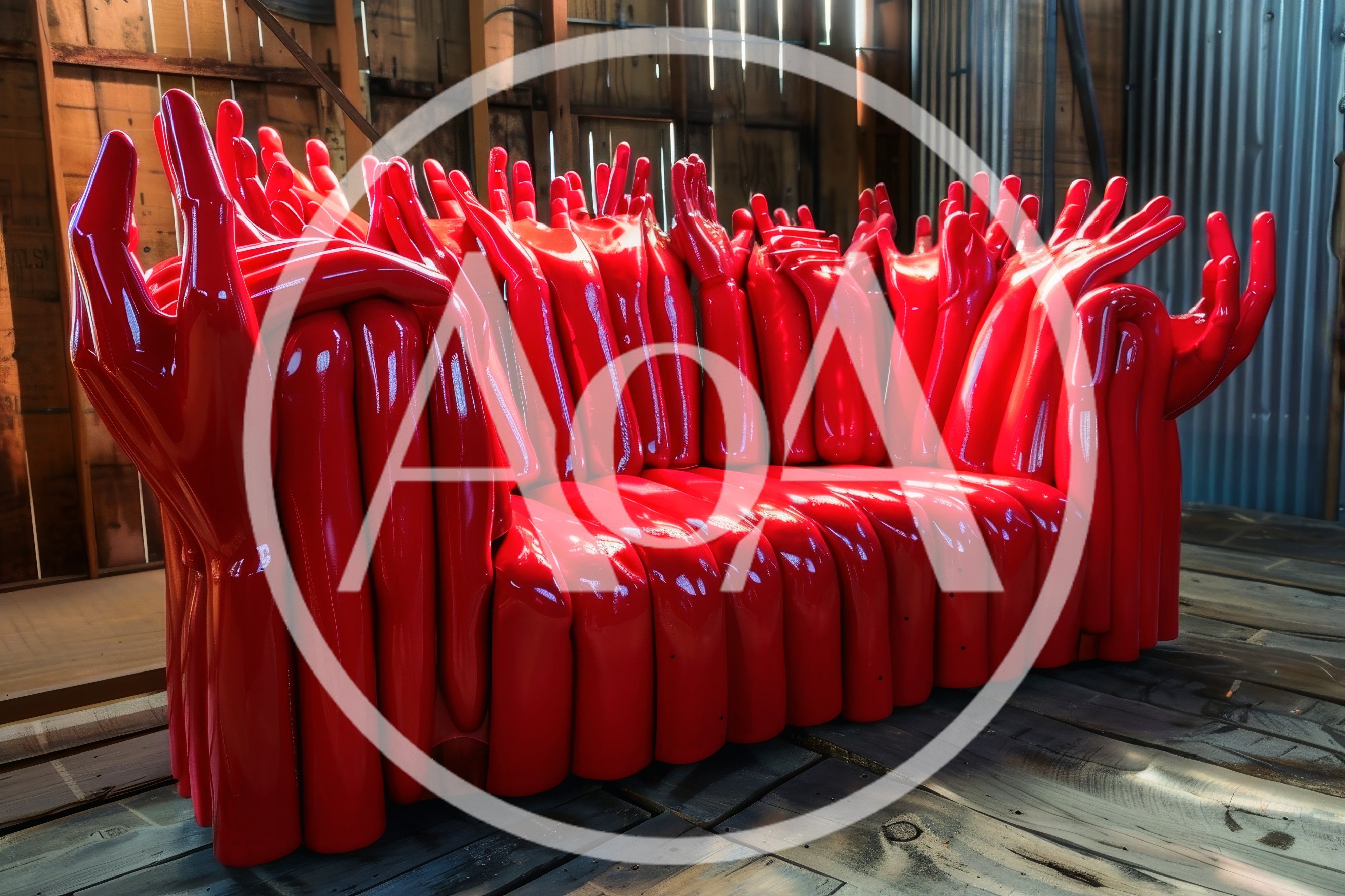 Surreal Red Hand Sculpture Sofa In Rustic Workshop