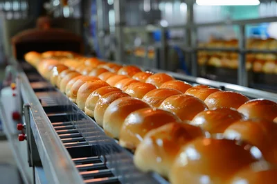 Freshly Baked Buns Moving Along Industrial Conveyor Belt