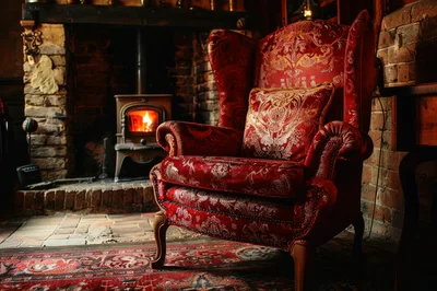 Red Velvet Wingback Chair Beside A Cozy Fireplace