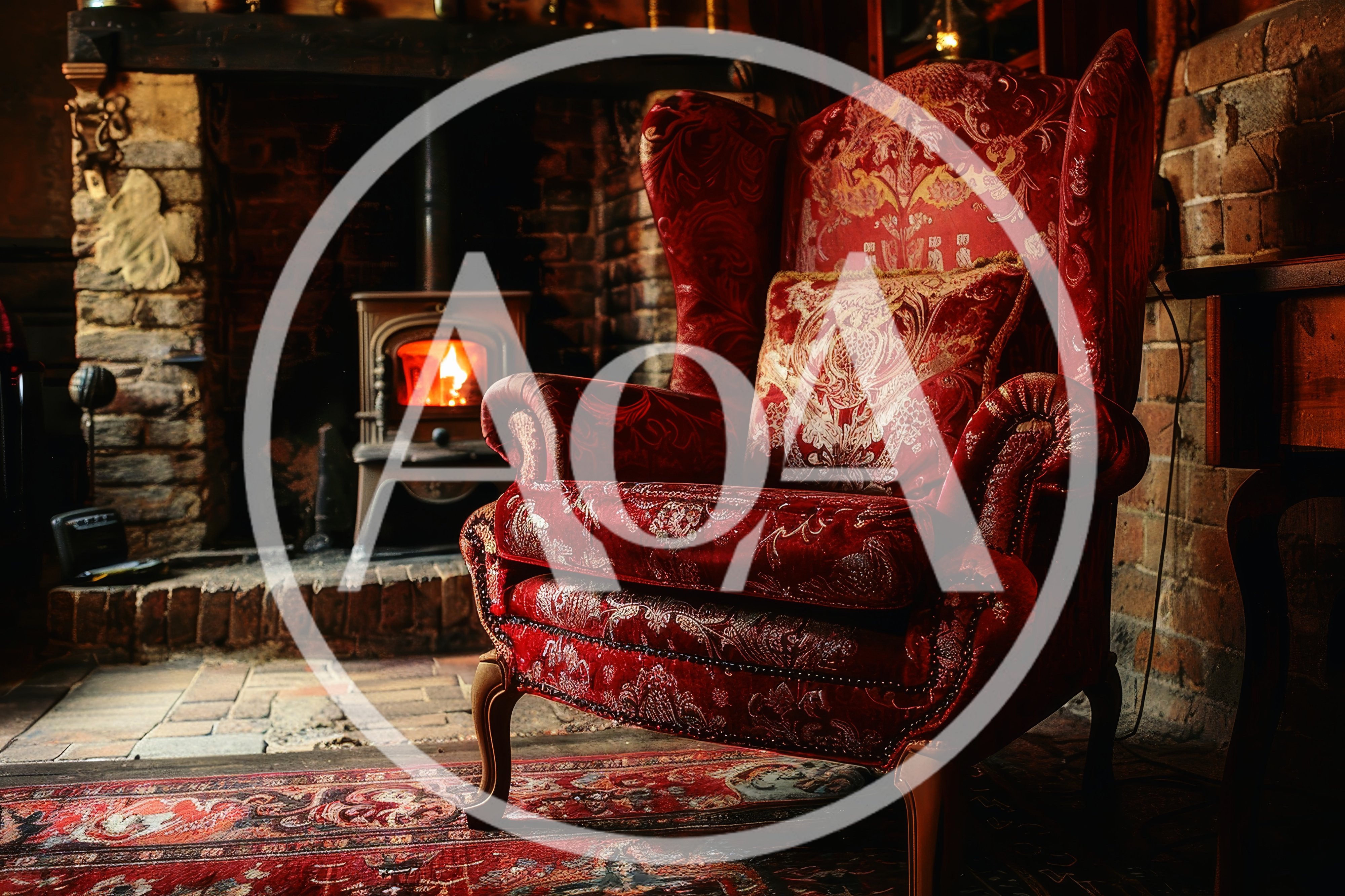 Red Velvet Wingback Chair Beside A Cozy Fireplace