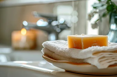Bar Of Soap On Folded Towel In Bathroom