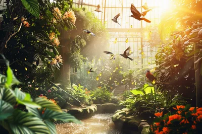 Hummingbirds Flying Inside A Sunlit Tropical Greenhouse