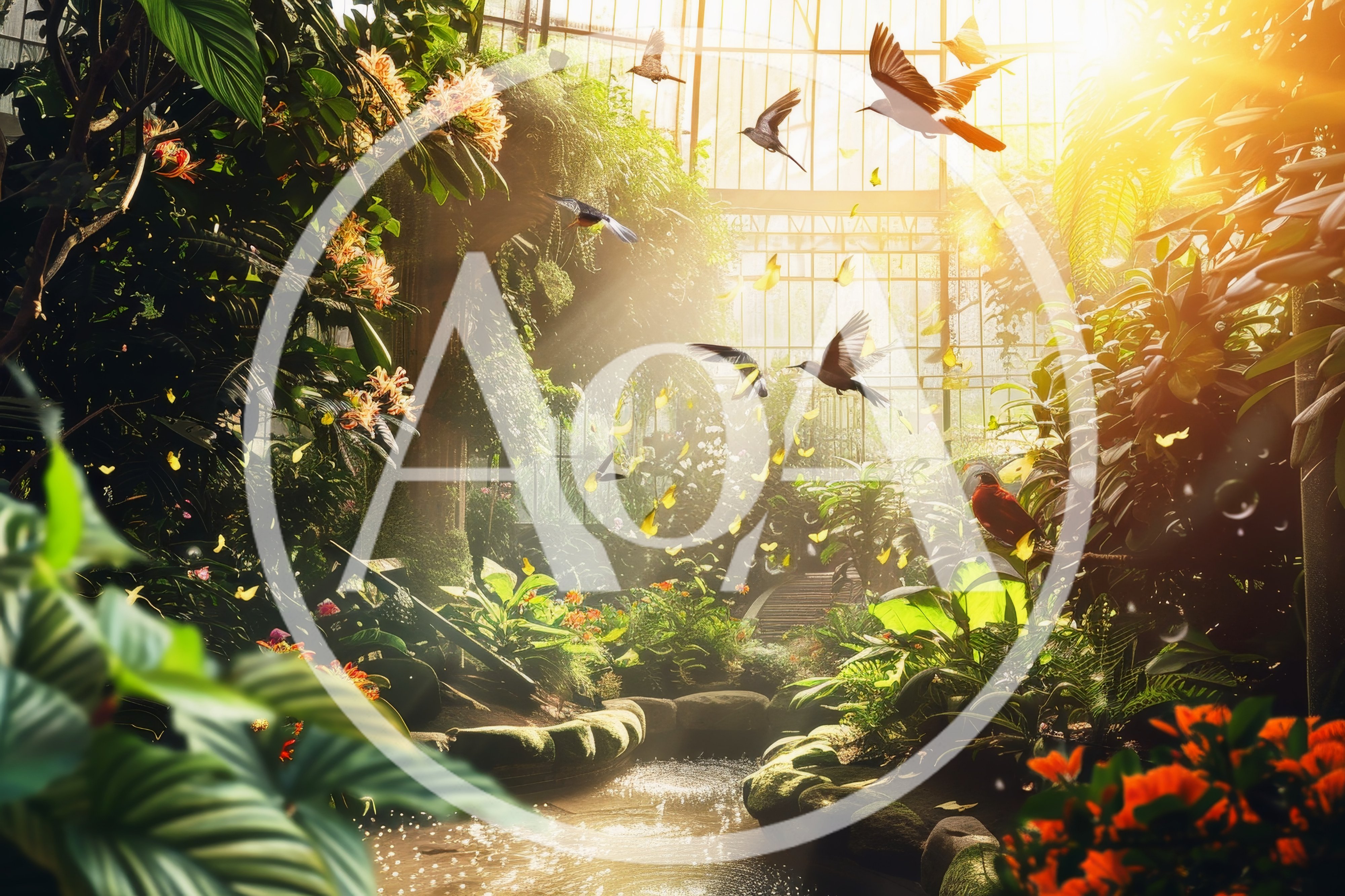 Hummingbirds Flying Inside A Sunlit Tropical Greenhouse