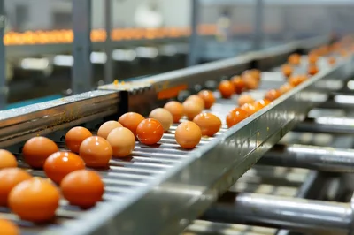 Brown Eggs Moving Along Industrial Conveyor Belt
