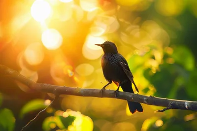 Black Bird Perched on Branch at Golden Hour