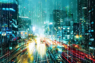 Cyberpunk Cityscape With Digital Matrix Rain Effects