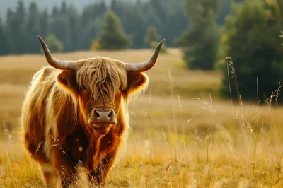 Highland Cow Standing In A Golden Meadow