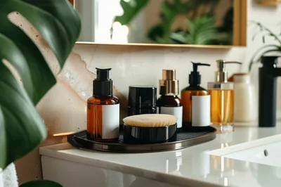 Skincare Products Arranged On A Modern Bathroom Vanity
