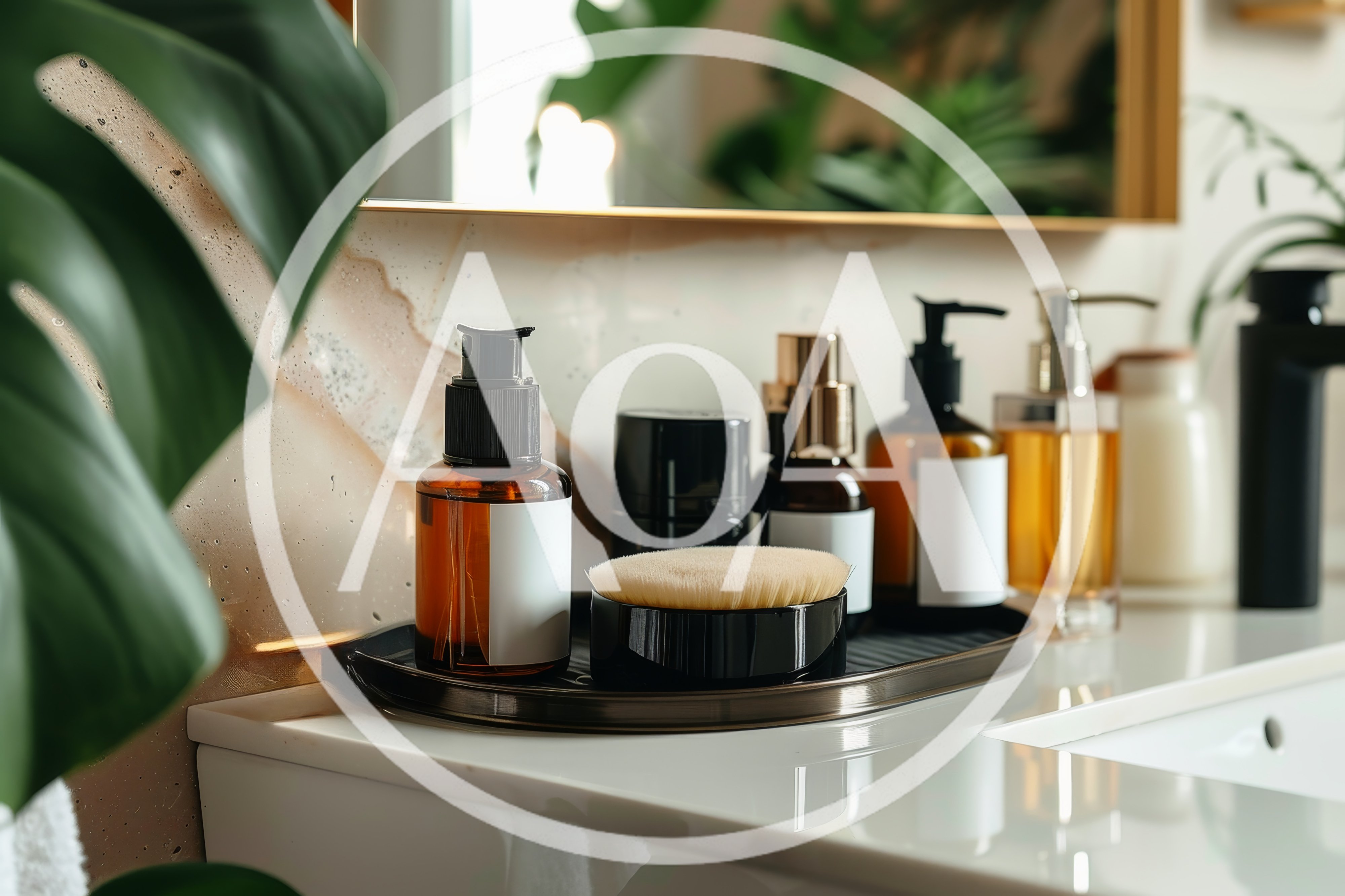 Skincare Products Arranged On A Modern Bathroom Vanity