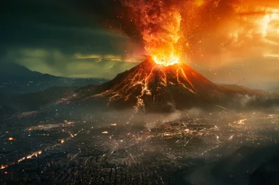 Volcanic Eruption Over A Densely Populated City At Night