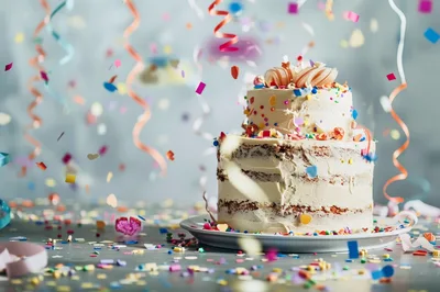 Two Tier Birthday Cake With Confetti And Streamers