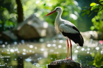 White Stork Standing On A Rock In A Pond