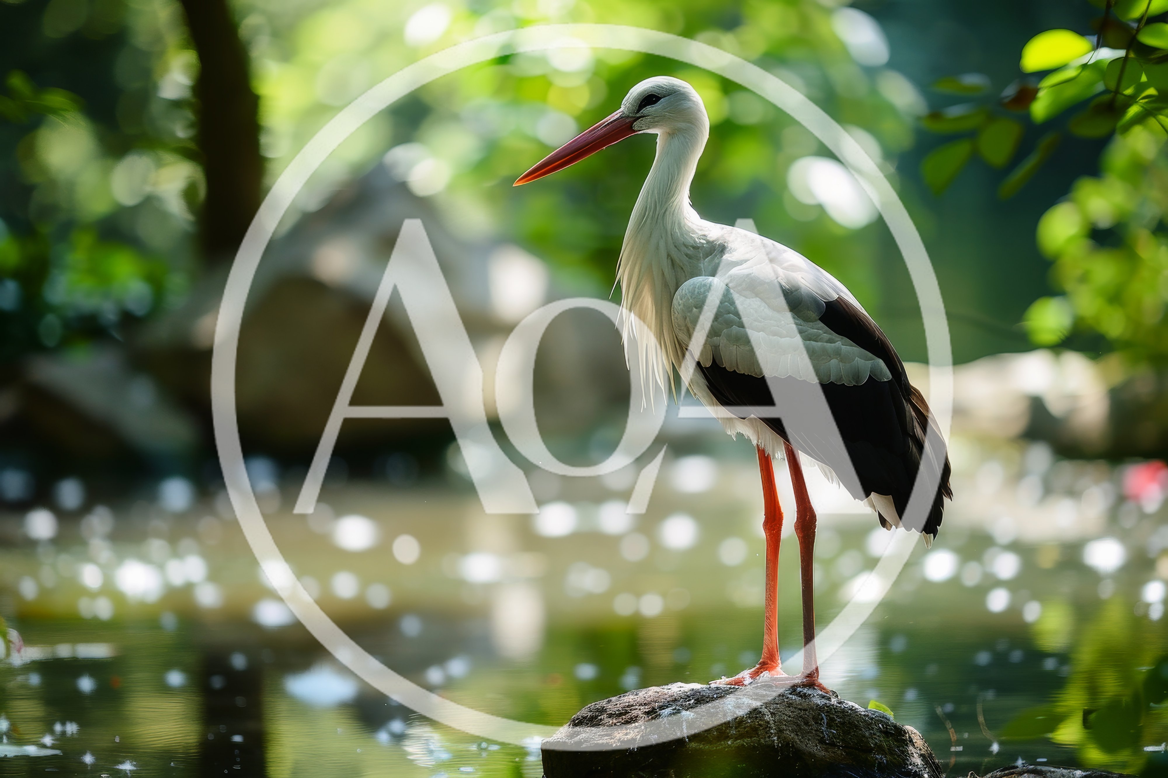 White Stork Standing On A Rock In A Pond