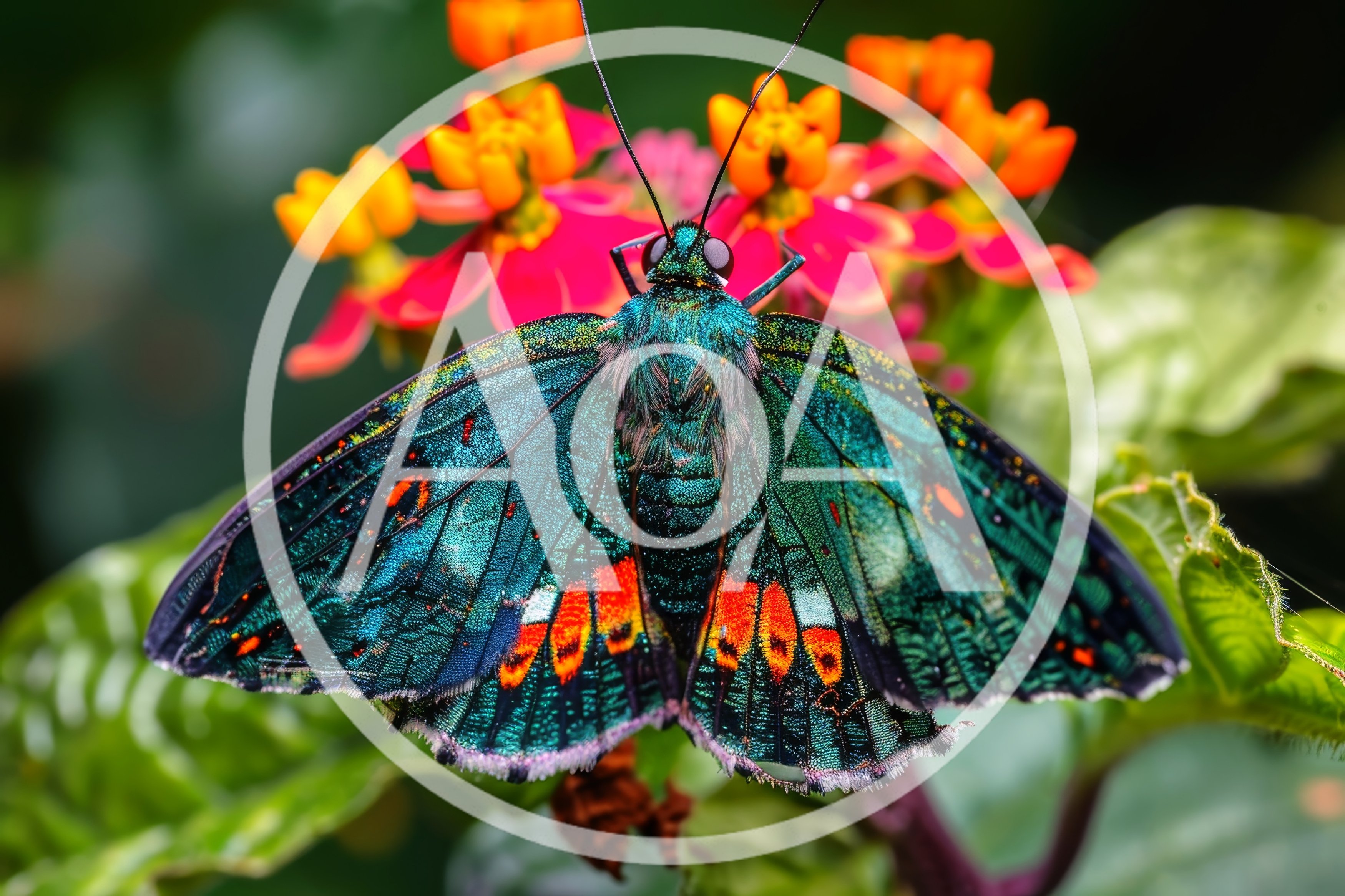 Iridescent Blue Butterfly Resting on Tropical Flowers