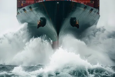 Large Cargo Ship Bow Cutting Through Rough Ocean Waves