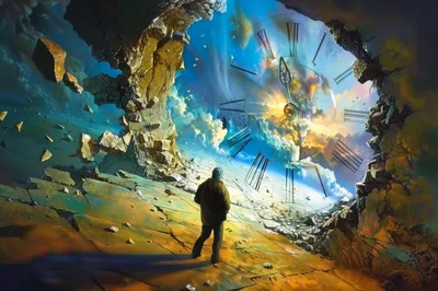 Surreal Man Standing Before A Giant Floating Clock