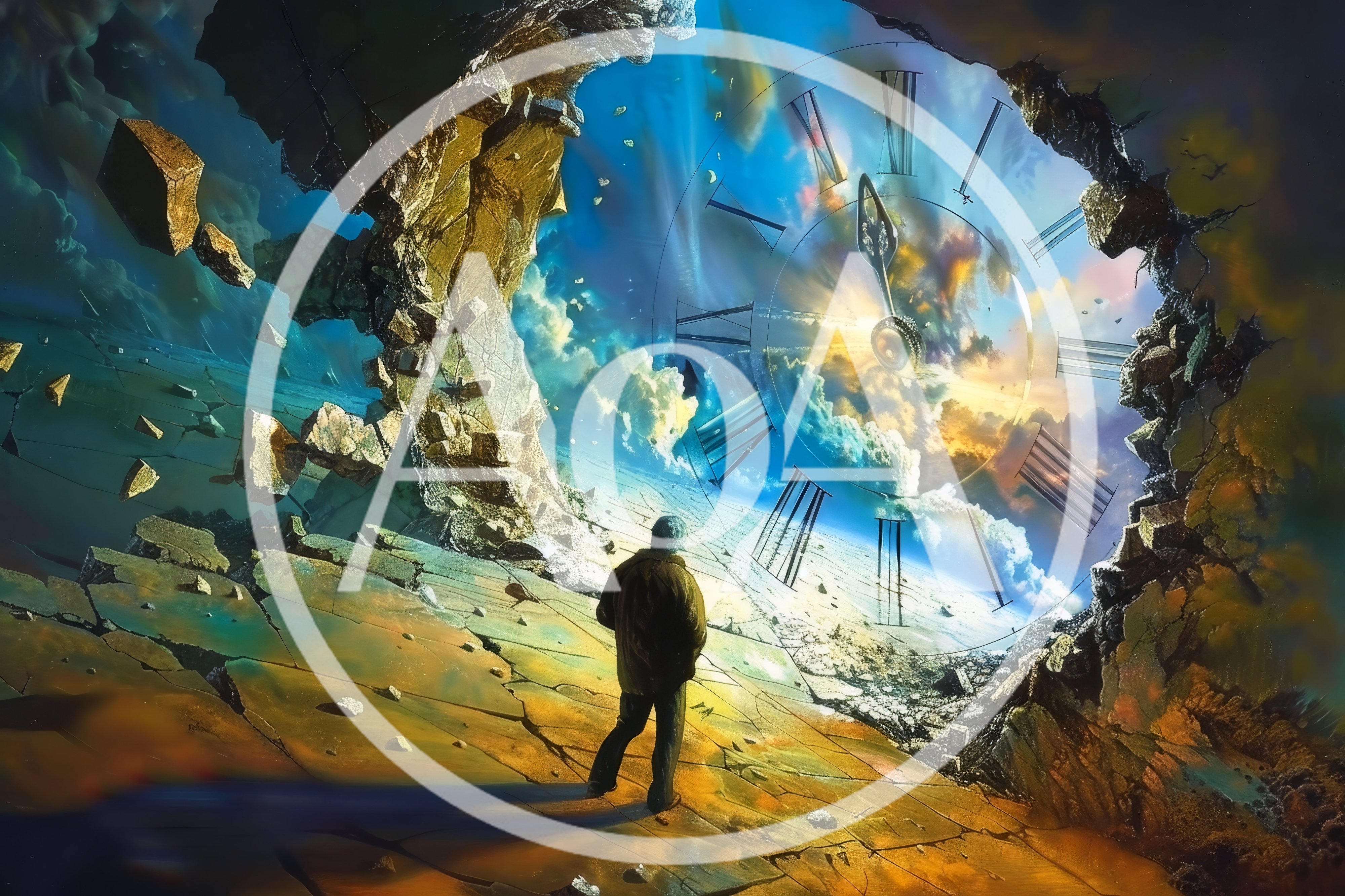 Surreal Man Standing Before A Giant Floating Clock