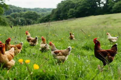 Free Range Chickens Foraging in a Lush Green Meadow
