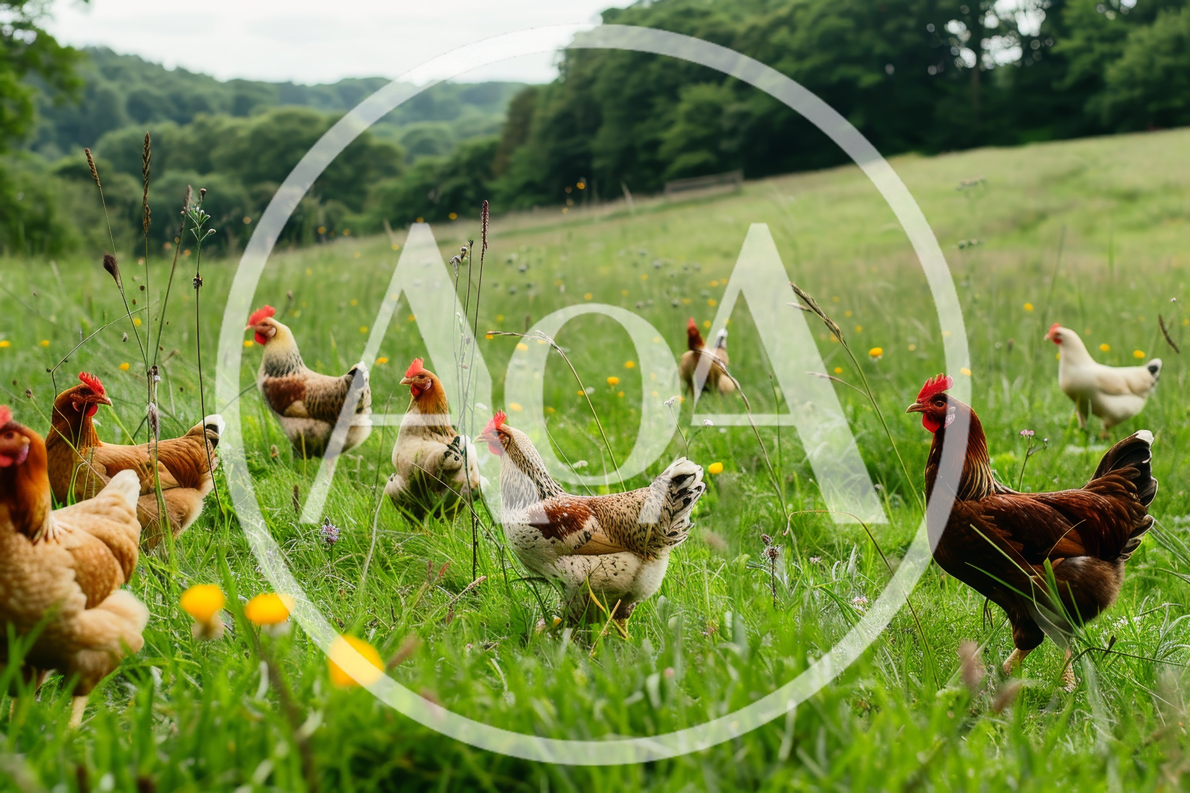 Free Range Chickens Foraging in a Lush Green Meadow