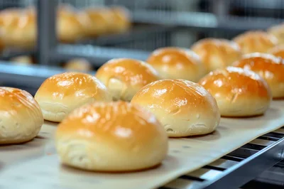 Freshly Baked Golden Bread Rolls On Industrial Conveyor Belt