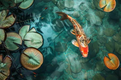 Koi Fish Swimming Among Lily Pads