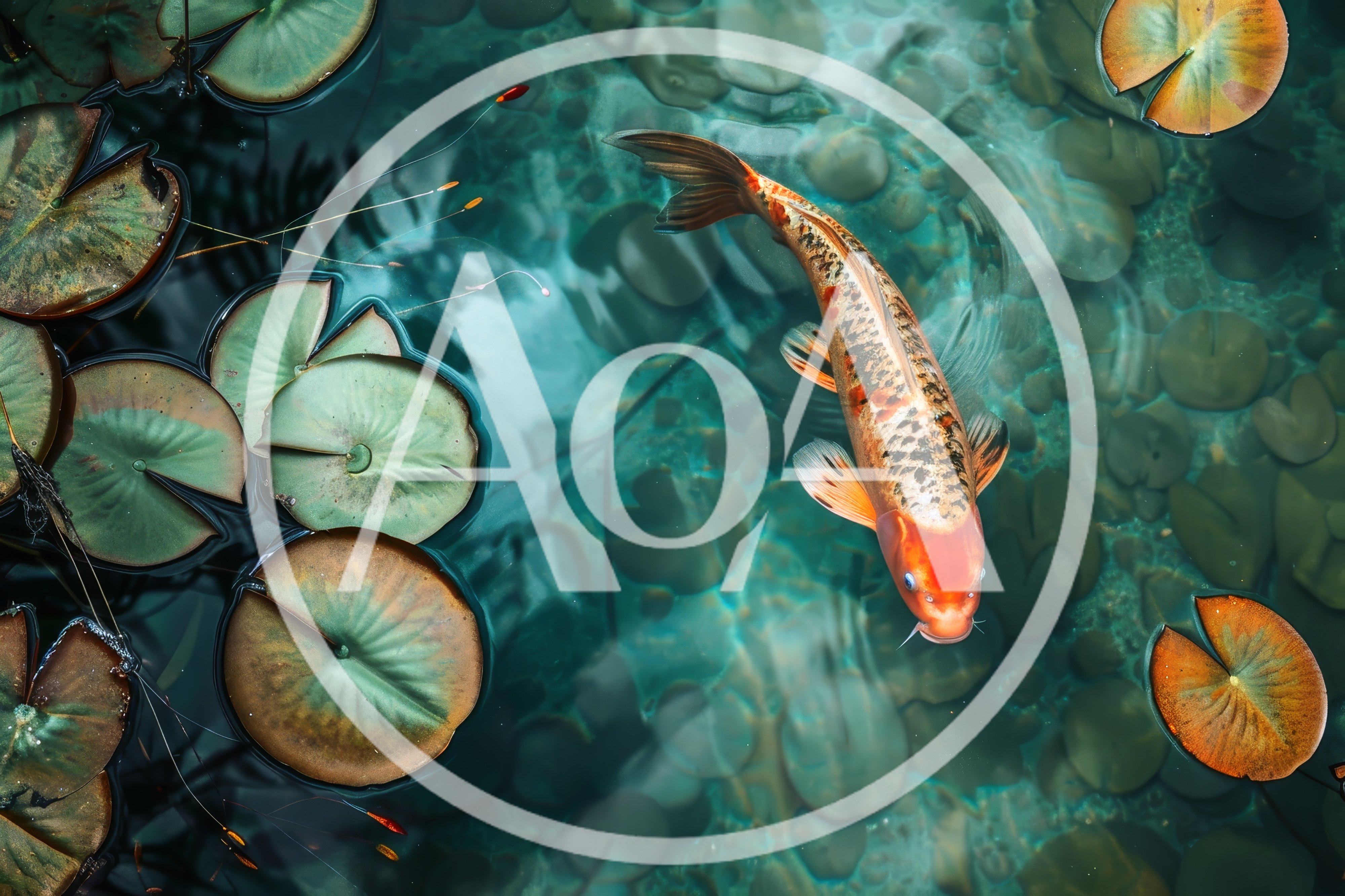 Koi Fish Swimming Among Lily Pads