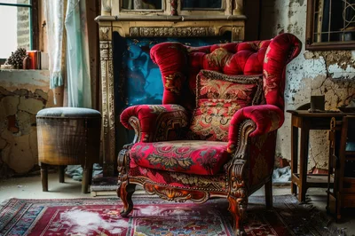 Ornate Red Velvet Armchair in Abandoned Room