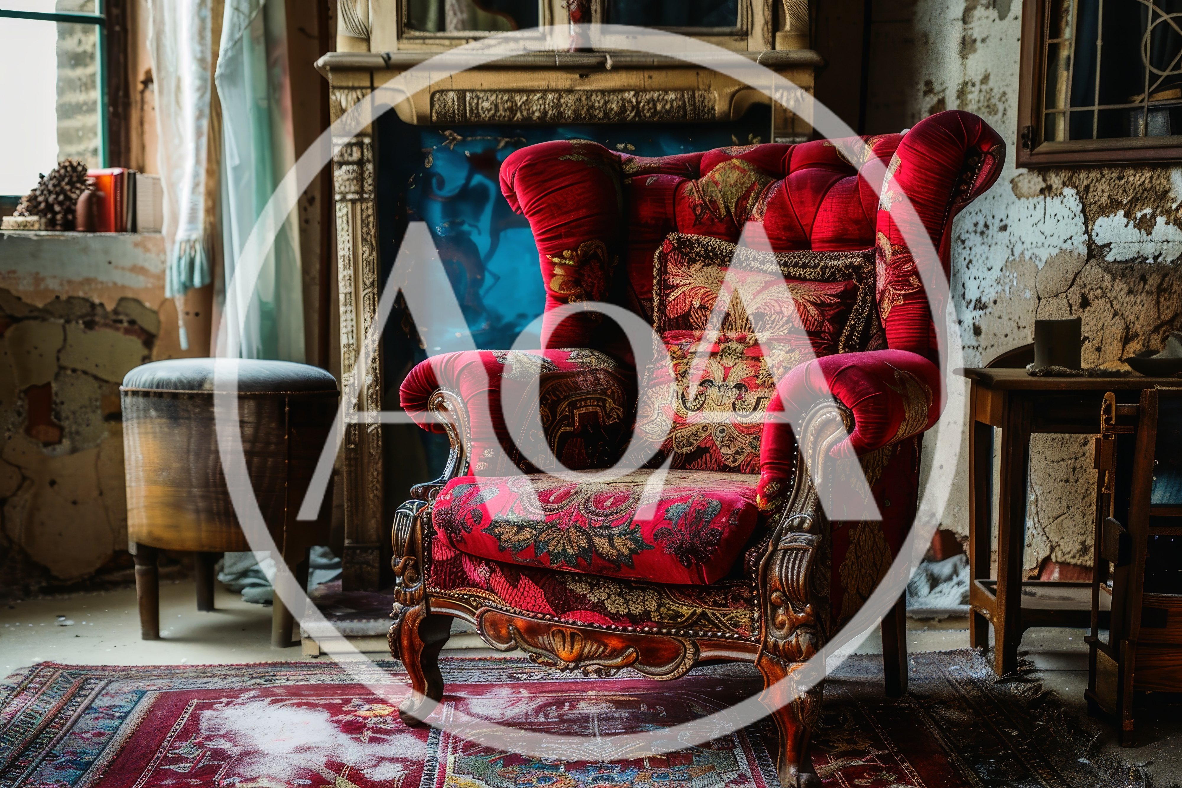 Ornate Red Velvet Armchair in Abandoned Room