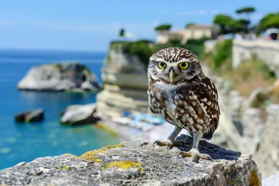 Little Owl Perched On A Stone Wall Overlooking The Sea