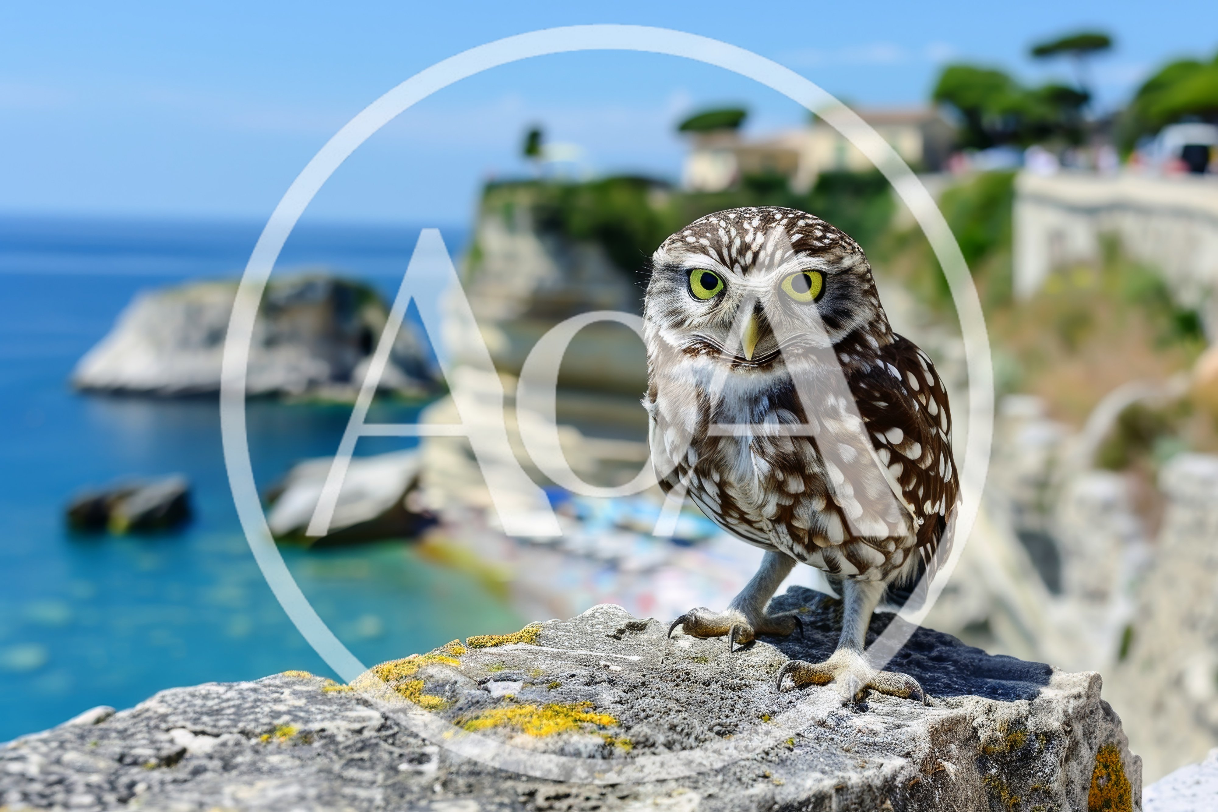 Little Owl Perched On A Stone Wall Overlooking The Sea