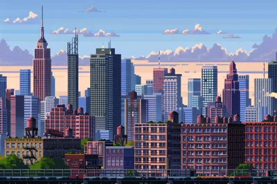 Pixel Art Cityscape Skyline At Sunset