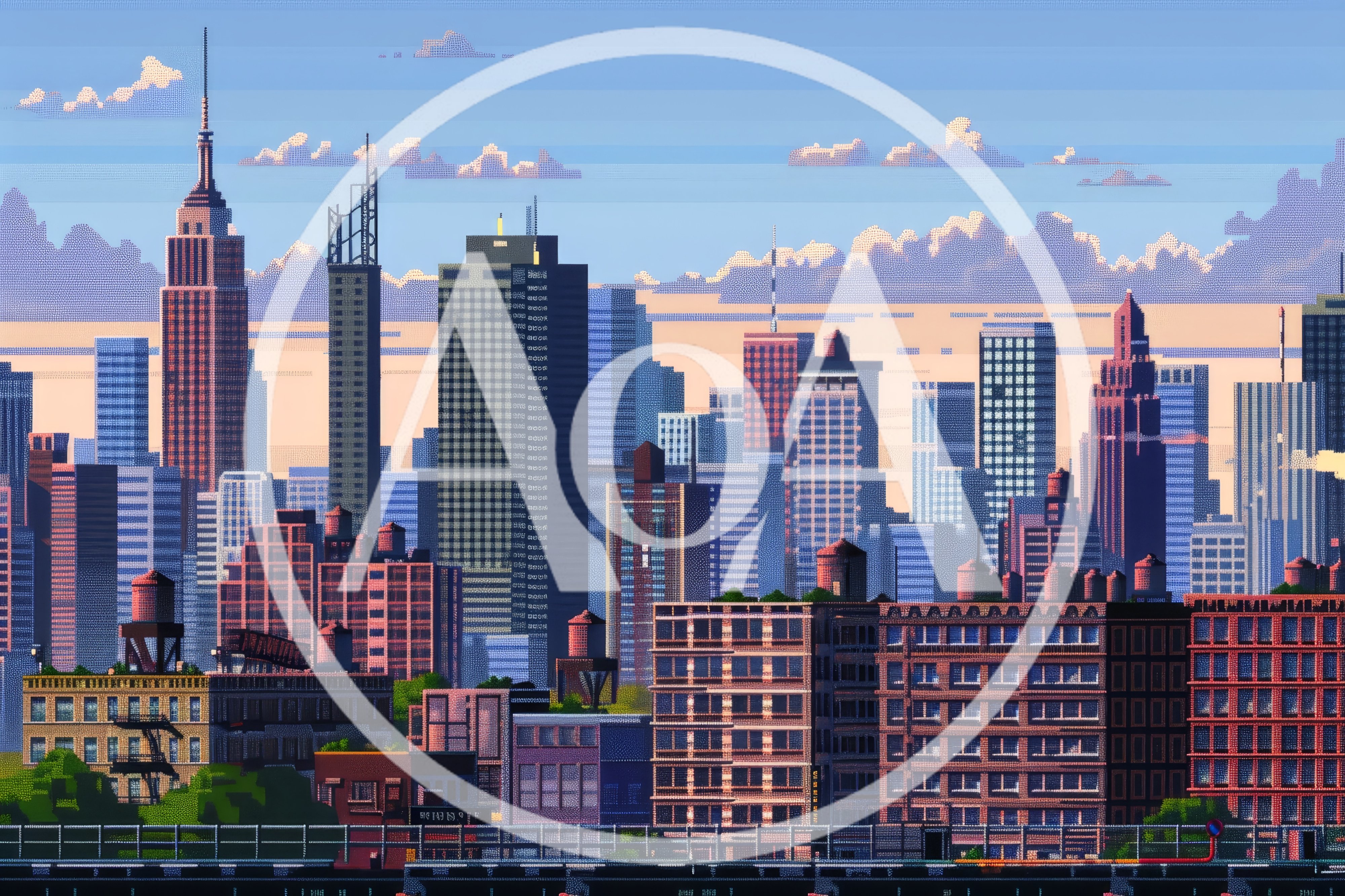 Pixel Art Cityscape Skyline At Sunset